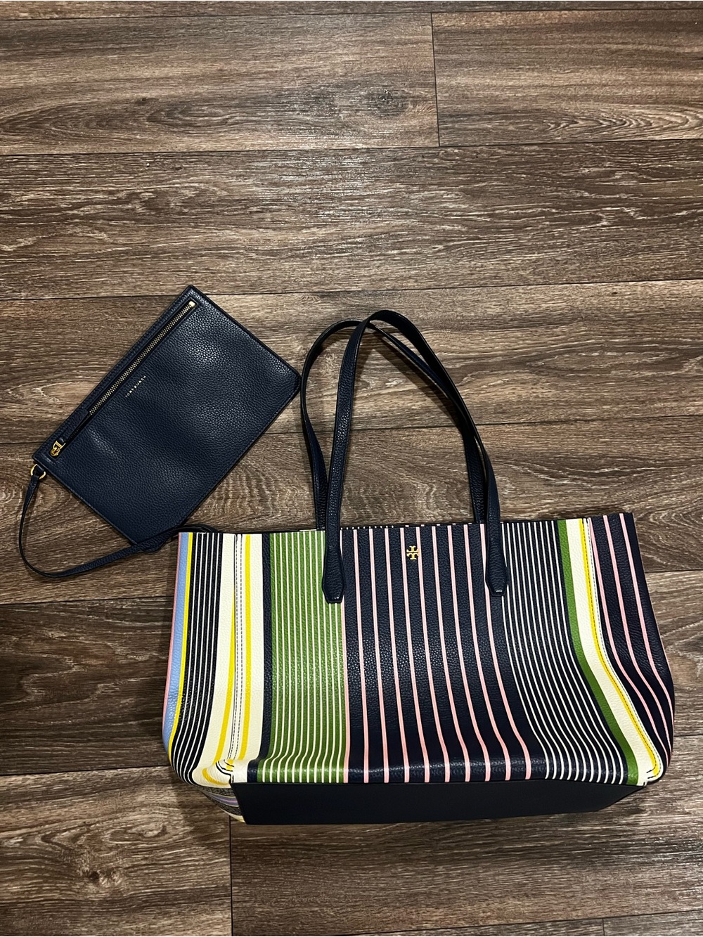 Tory Burch W Blake Perry Pieced Striped Navy Multicolor Tote with Navy Pouch